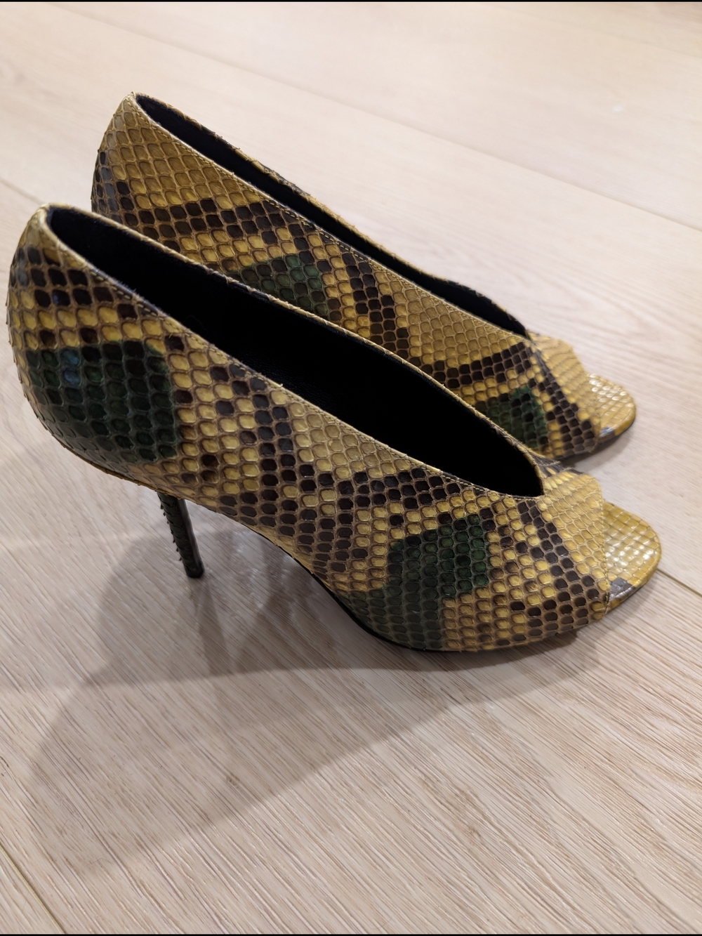 Burberry Yellow & Green Snake-Print Peep-Toe Stilettos